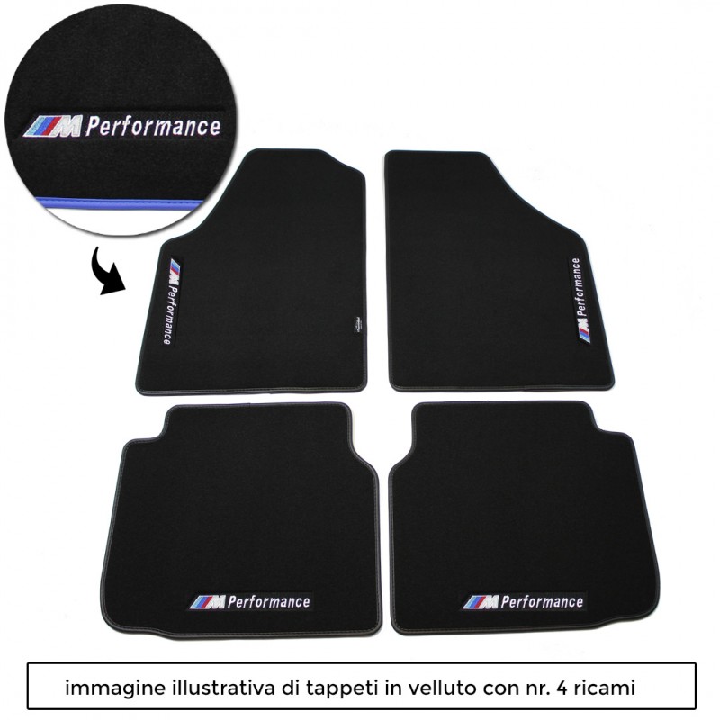 Logo BMW M PERFORMANCE con 4 ricami diretti su tappeti anteriori e posteriori