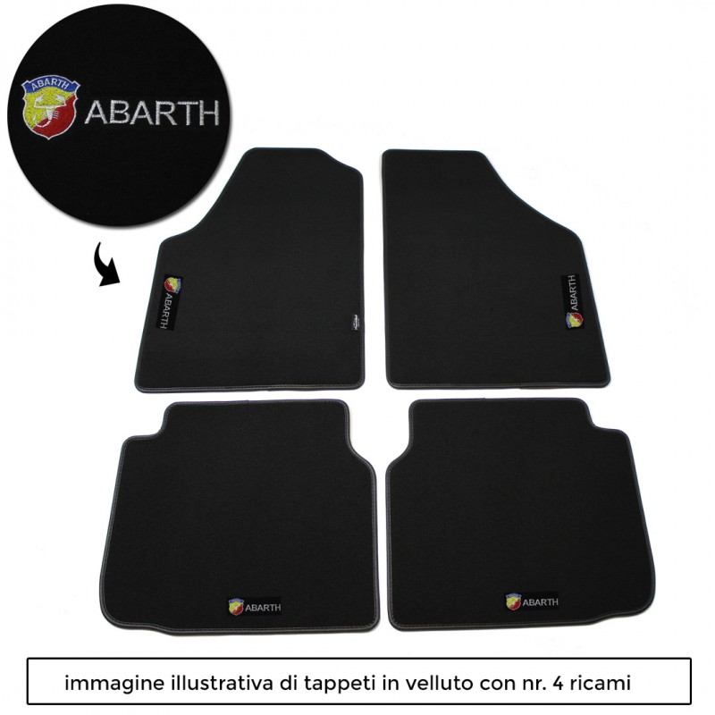 Logo Abarth + scritta con 4 ricami diretti su tappeti anteriori e posteriori